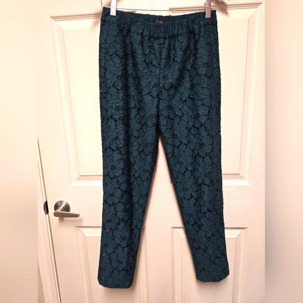 J. Crew Size 2 Dark Pants Hunter Green Lace Pull On High Waist Straight Holiday